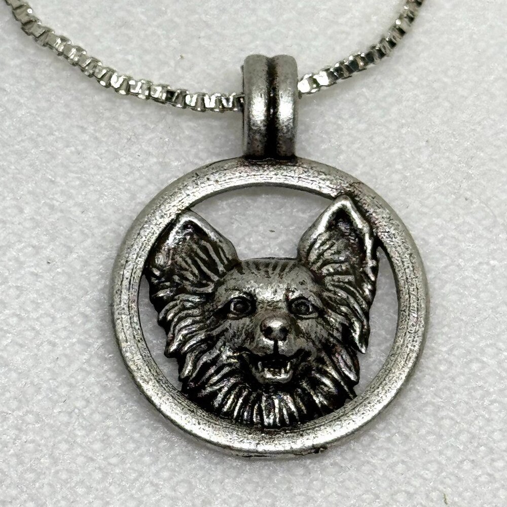 Necklace with a round pendant featuring a long hair Chihuahua dog, NWOT